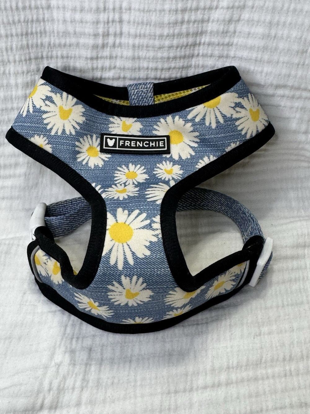 Frenchie Blue Daisy Flower Reversible Yellow Check Harness Dog Vest Size Medium